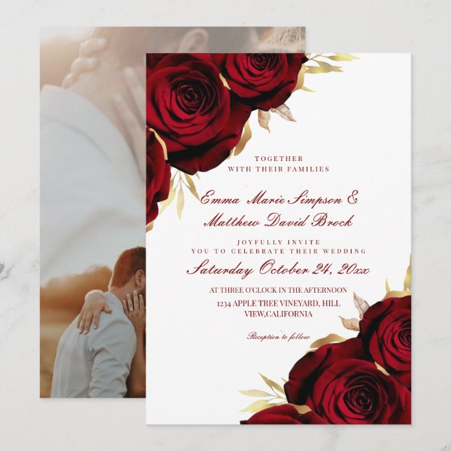 Convites Romantic Rose Gold & Red Floral Wedding  (Frente/Verso)