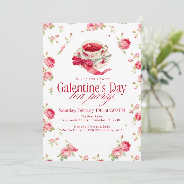 Convites Romantic Rose Tea Cup Galentine’s Day Tea Party (Em pé/Frente)