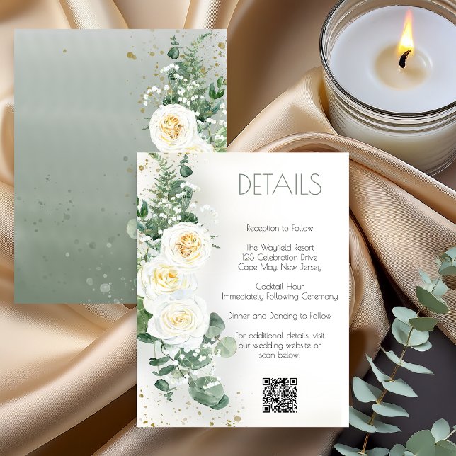 Convites Romantic Sage Green Wedding Details Card (Romantic sage green wedding details card with floral greenery design displaying reception and event )