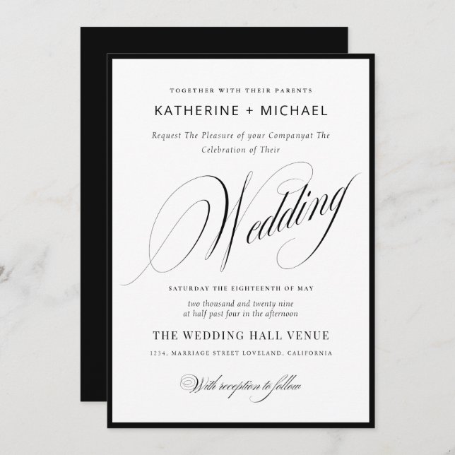 Convites Romantic Script Calligraphy Simple & Chic Wedding (Frente/Verso)