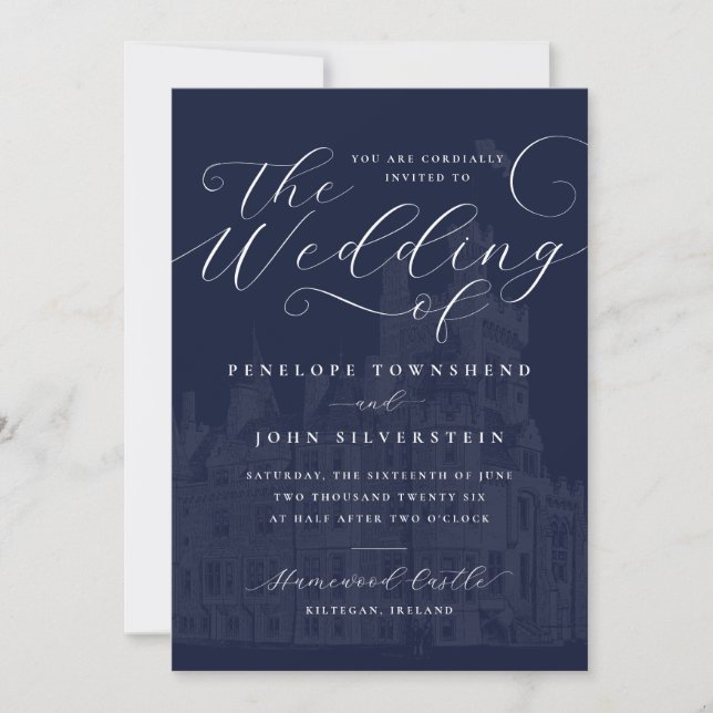 Convites Romantic Script Navy Castle Illustration Wedding (Frente)