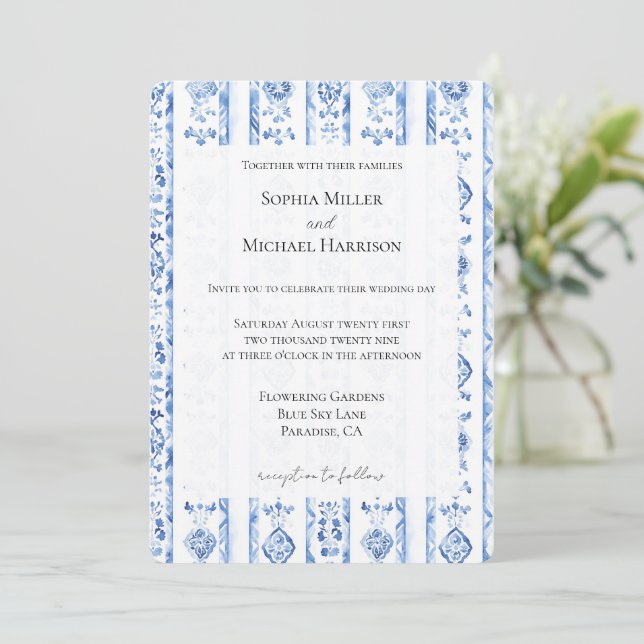 Convites Romantic Sicily Italian Rustic Blue Stripe Wedding (Em pé/Frente)