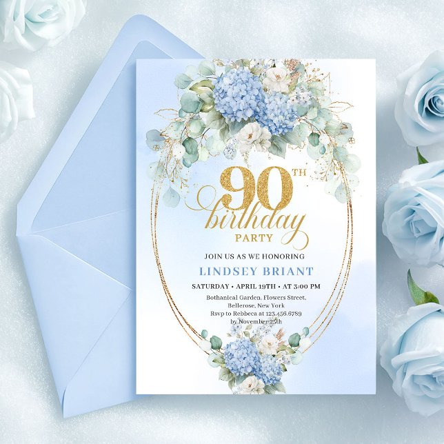 Convites Romantic Soft Blue Hydrangea 90th Birthday Invite (Romantic Soft Blue Hydrangea 90th Birthday Invite)
