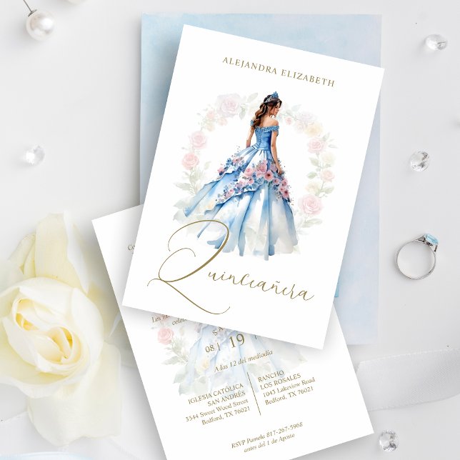 Convites Romantic Spanish Quinceañera in Blue & Pink Shades (Celebrate the sweetness and elegance of fifteen with our Blue & Pink Toned Quinceañera Invitation! )