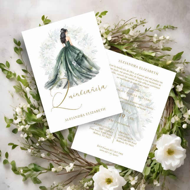 Convites Romantic Spanish Quinceañera in Green & Golden  (Romantic Spanish Quinceañera in Green & Golden Invitation)