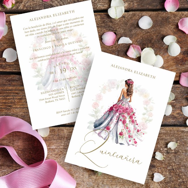 Convites Romantic Spanish Quinceañera in Pink Shades  (Romantic Spanish Quinceañera in Pink Shades Invitation Card with Envelope. )