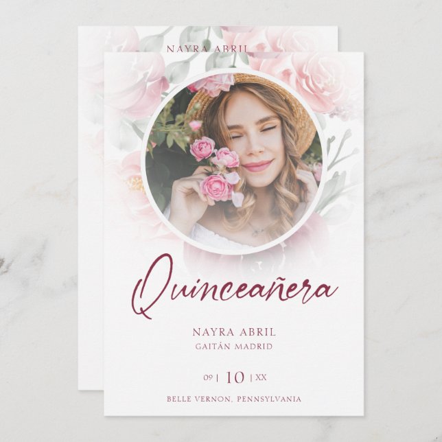 Convites Romantic Spanish Quinceañera Photo Floral in Pink (Frente/Verso)