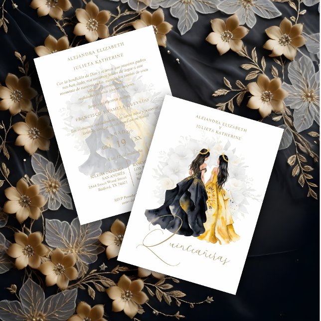 Convites Romantic Spanish Quinceañera Twins in Black Yellow (Romantic Spanish Quinceañeras Twins in Black & Yellow Shades Invitation Card with Envelope.)
