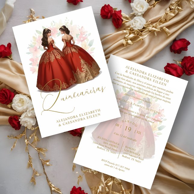 Convites Romantic Spanish Quinceañera Twins Red & Golden  (Romantic Spanish Quinceañera Twins Red & Golden Invitation.)