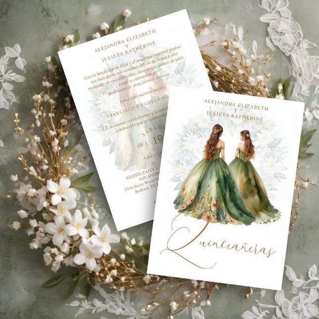 Convites Romantic Spanish Quinceañeras Twins Green Shades (Romantic Spanish Quinceañeras Twins in Green and Brown Shades Invitation Card with Envelope. )