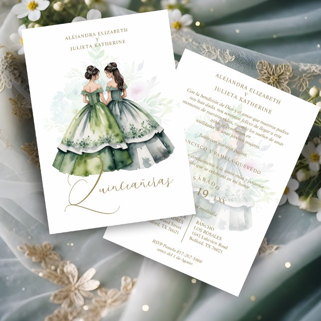 Convites Romantic Spanish Quinceañeras Twins Green Shades (Romantic Spanish Quinceañeras Twins in Green Shades Invitation Card with Envelope.)