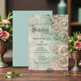 Convites Romantic Steampunk Gears Wedding Invitation