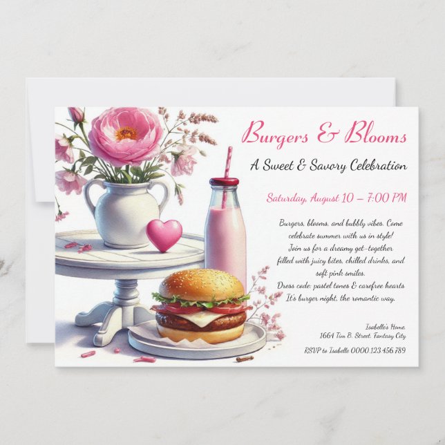 Convites Romantic Summer Party Watercolor Burger & Pink  (Frente)