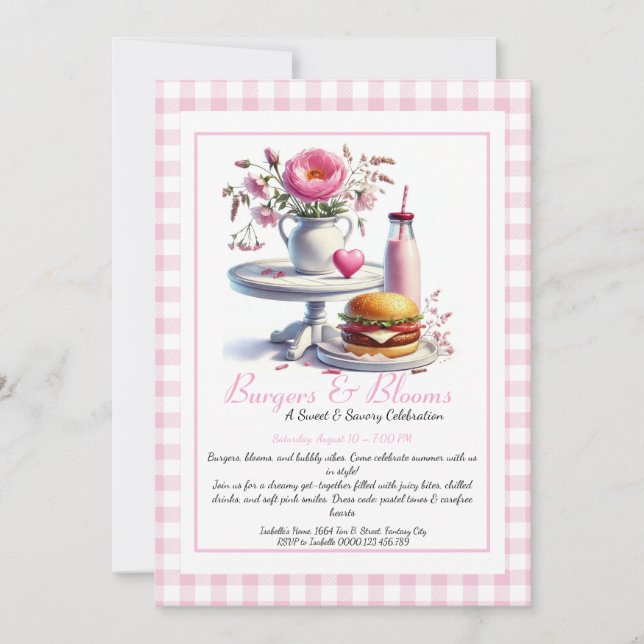 Convites Romantic Summer Party Watercolor Burger & Pink  (Frente)