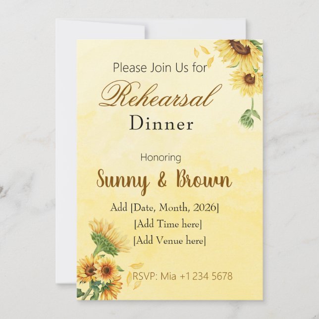 Convites Romantic Sunflower Rustic Yellow Rehearsal Dinner (Frente)