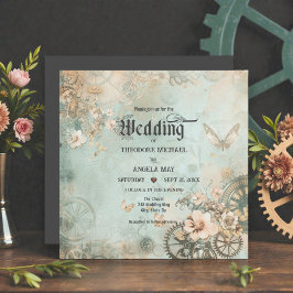 Convites Romantic Teal Steampunk Gears Wedding Invitation