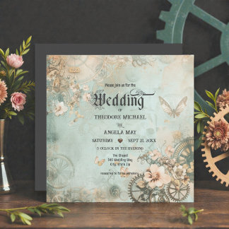 Convites Romantic Teal Steampunk Gears Wedding Invitation
