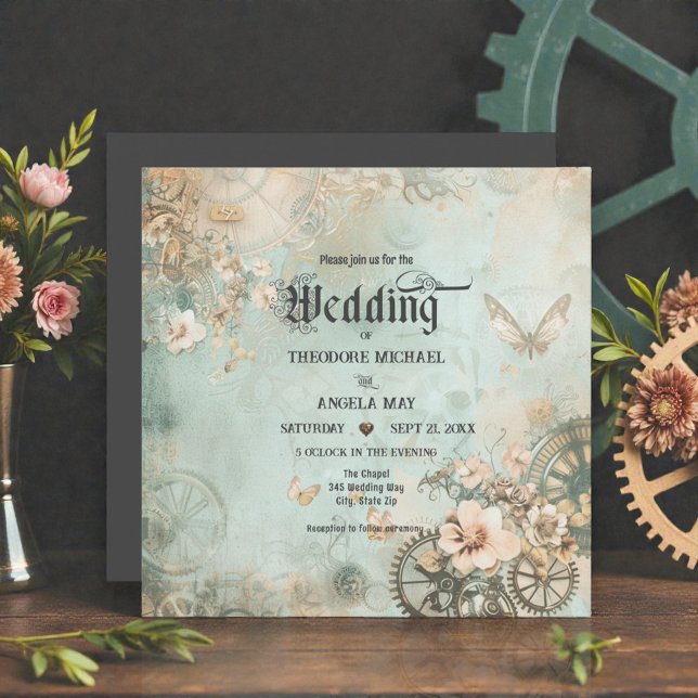 Convites Romantic Teal Steampunk Gears Wedding Invitation (Criador carregado)