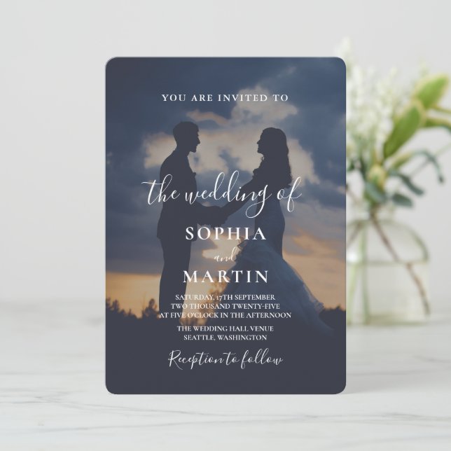 Convites Romantic Twilight Silhouette Photo Script Wedding  (Em pé/Frente)