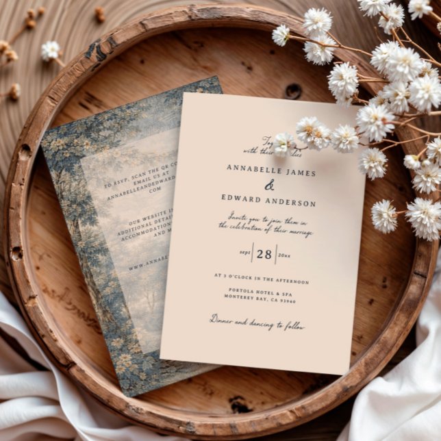 Convites Romantic Vintage Botanical Blue Beige tapestry (Criador carregado)