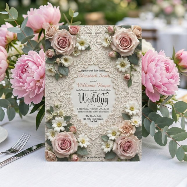 Convites Romantic Vintage Garden Rose & Daisy Wedding (Criador carregado)