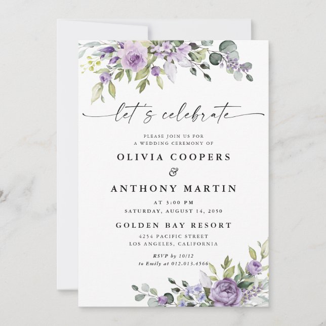 Convites Romantic Violet Flowers Wedding Invitation (Frente)