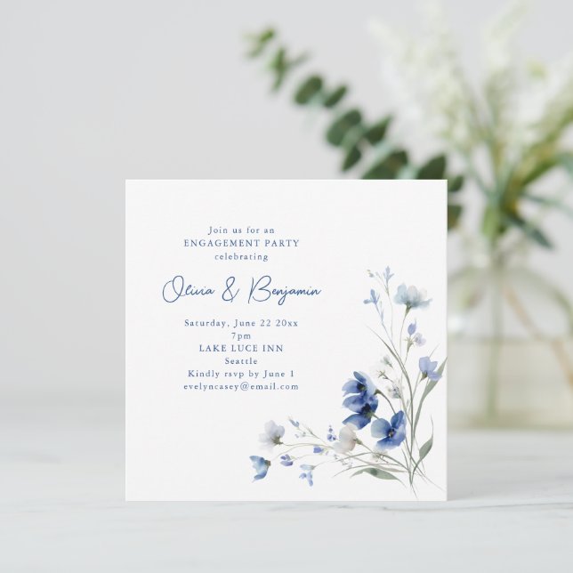 Convites Romantic Watercolor Blue Floral Engagement Party (Em pé/Frente)