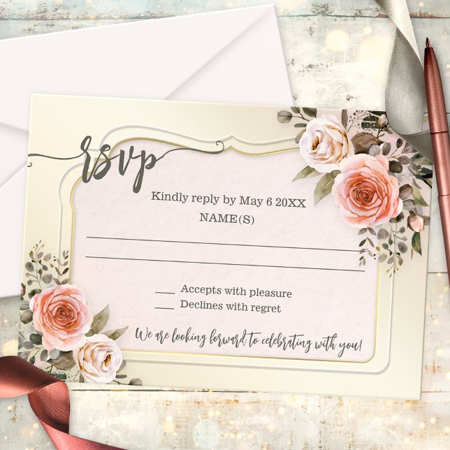 Convites Romantic Watercolor Floral Wedding RSVP Card (Watercolor wedding RSVP card featuring blush pink roses on an elegant boho chic background)
