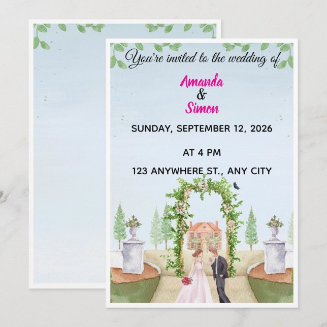 Convites Romantic Watercolor  Garden Wedding Invitation (Frente/Verso)