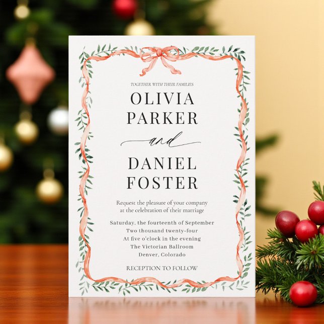 Convites Romantic Watercolor Greenery Red Bow Wedding (Criador carregado)