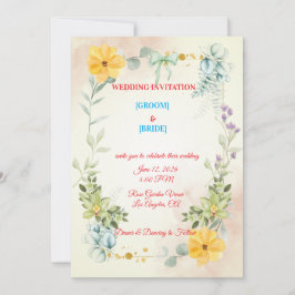 Convites Romantic Watercolor Pink & Yellow Flower Wedding 