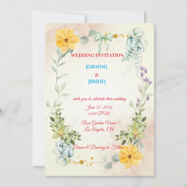 Convites Romantic Watercolor Pink & Yellow Flower Wedding  (Frente)