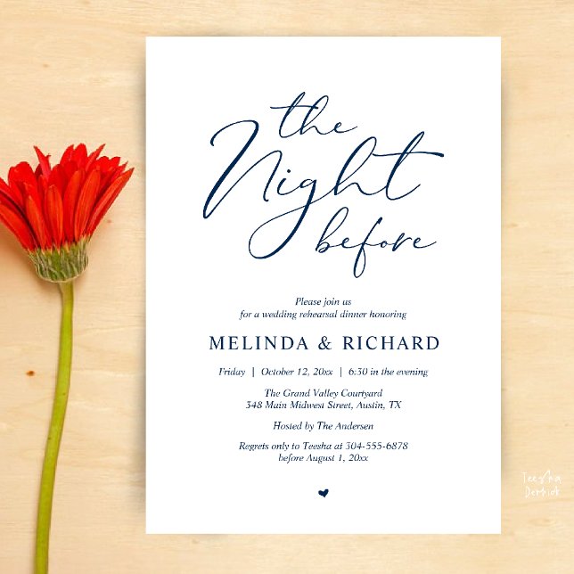 Convites Romantic Wedding Rehearsal Dinner The Night Before (Modern Romantic Wedding Rehearsal Dinner The Night Before Forever Invites Card in Navy Blue)