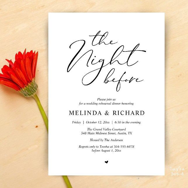 Convites Romantic Wedding Rehearsal Dinner The Night Before (Modern Romantic Wedding Rehearsal Dinner The Night Before Invitation Card in Black and White)