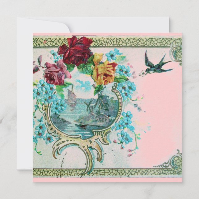 Convites ROMANTICA 3 Festa de casamento Azul-Rosa Floral (Frente)