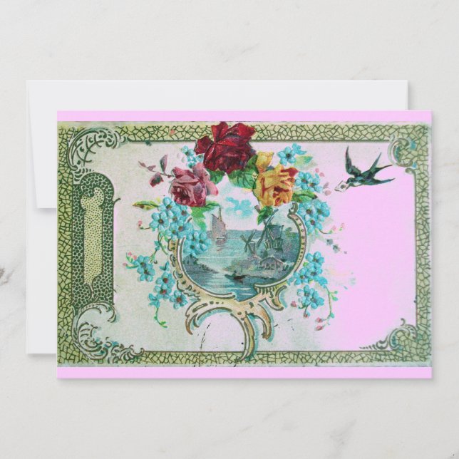 Convites ROMÂNTICA 3 Festa de Casamento Floral Azul Rosa (Frente)