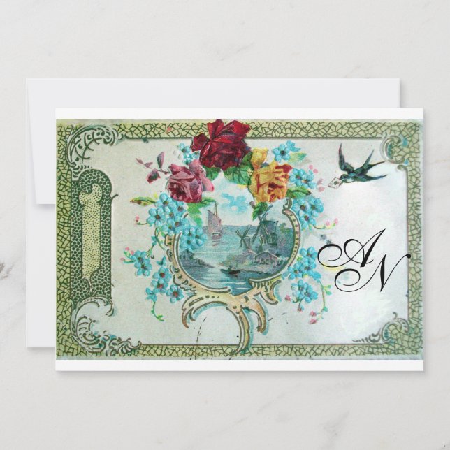 Convites ROMANTİCA 3 MONOGRAM,Festa de casamento branca azu (Frente)