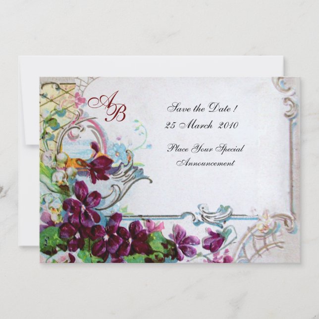 Convites ROMÂNTICA  4 MONOGRAM Casamento Festa Roxo Branco (Frente)