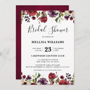Convites Romântica Aquarela Borgonha Vermelha Rosa Floral