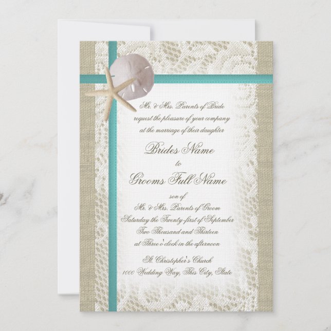 Convites Romântica Beach Burlap e Lace Aqua (Frente)