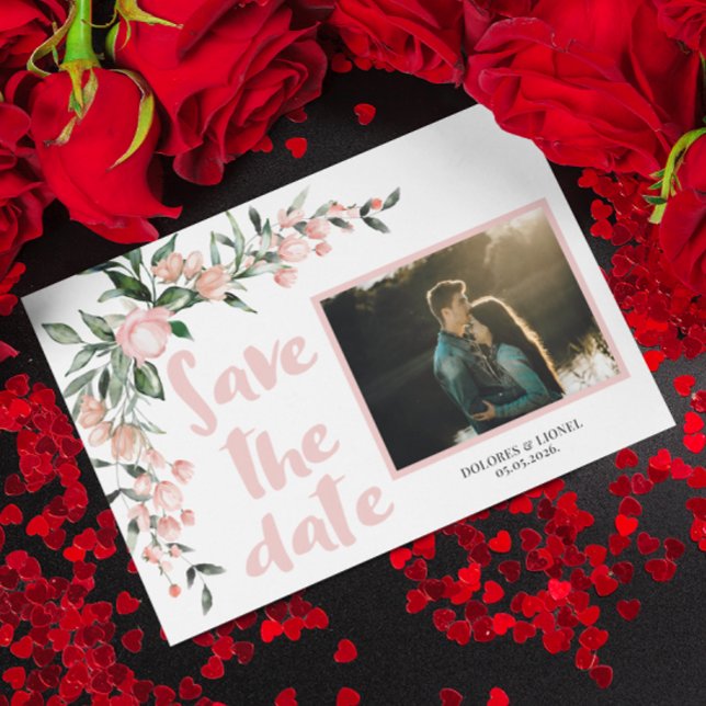 Convites Romântica Blush PInk Foto Floral Salvar data (Criador carregado)