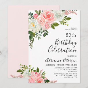 Convites Romântica Blush Rosa Floral 80 de Aniversário