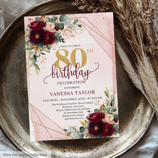 Convites Romântica Boho Marsala Dourada Flores 80 de Aniver (Romantic Boho Marsala Gold Flowers 80th Birthday Invitation)