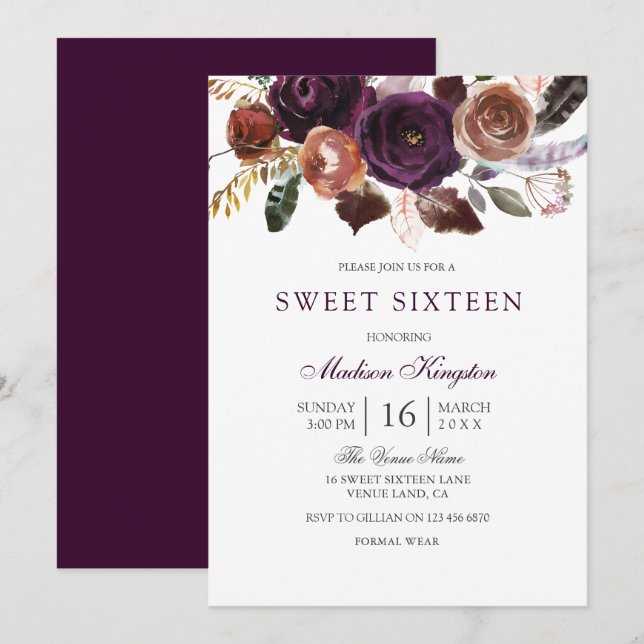 Convites Romântica Burgundy Roxo Plum Floral Sweet 16 (Frente/Verso)