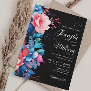 Convites Romântica Casamento Floral Elegante Script Azul Pr