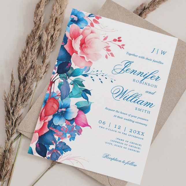 Convites Romântica Casamento Floral Elegante Script Azul Ro (Romantic Floral Wedding Elegant Script Blue Pink Invitation)