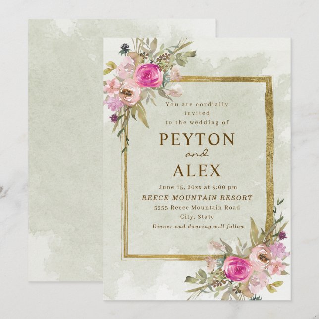 Convites Romântica, cor-de-rosa, Sábio Verde deixa Dourado (Frente/Verso)