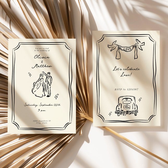 Convites Romântica De Casamento De Mão Impressionante (whimsical wedding invitation, hand drawn wedding invite, illustrated wedding stationery, romantic we)