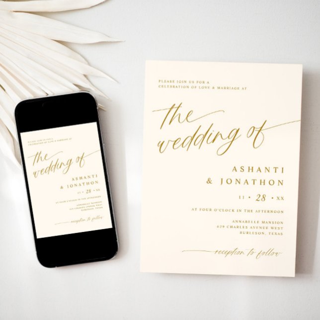 Convites Romântica, Dourada Ivory, tudo em um único casamen (Gold and light cream wedding invitation - downloadable - elegant, romantic, soft)