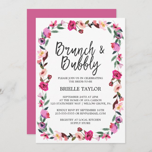 Convites Romântica Fairytale Blossom Wreath Brunch e Bubble (Frente/Verso)